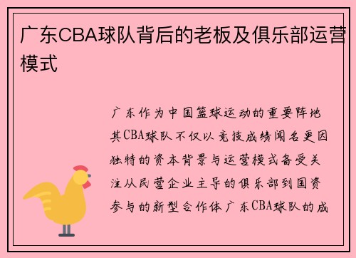 广东CBA球队背后的老板及俱乐部运营模式
